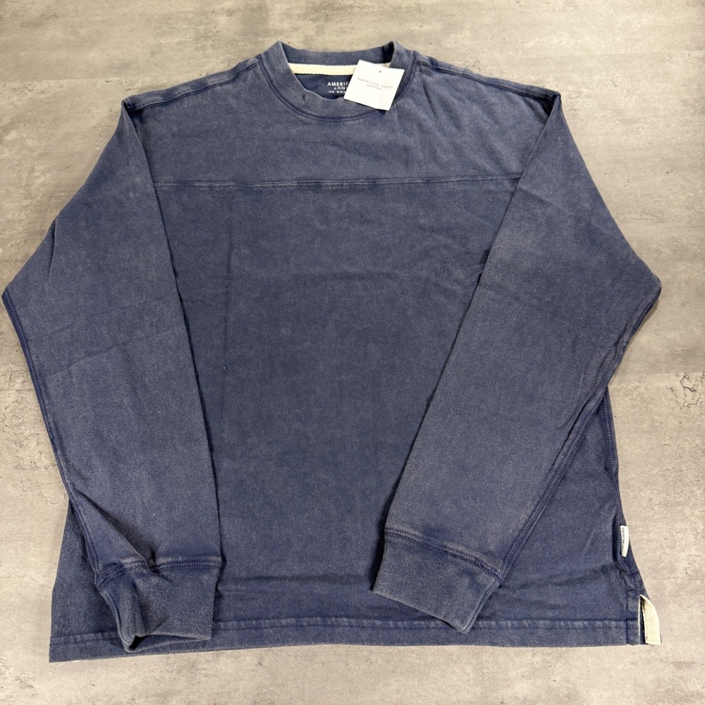 American Eagle Long Sleeve Shirt Mens S Blue Boxy Fit Faded Cotton Crew Neck $35